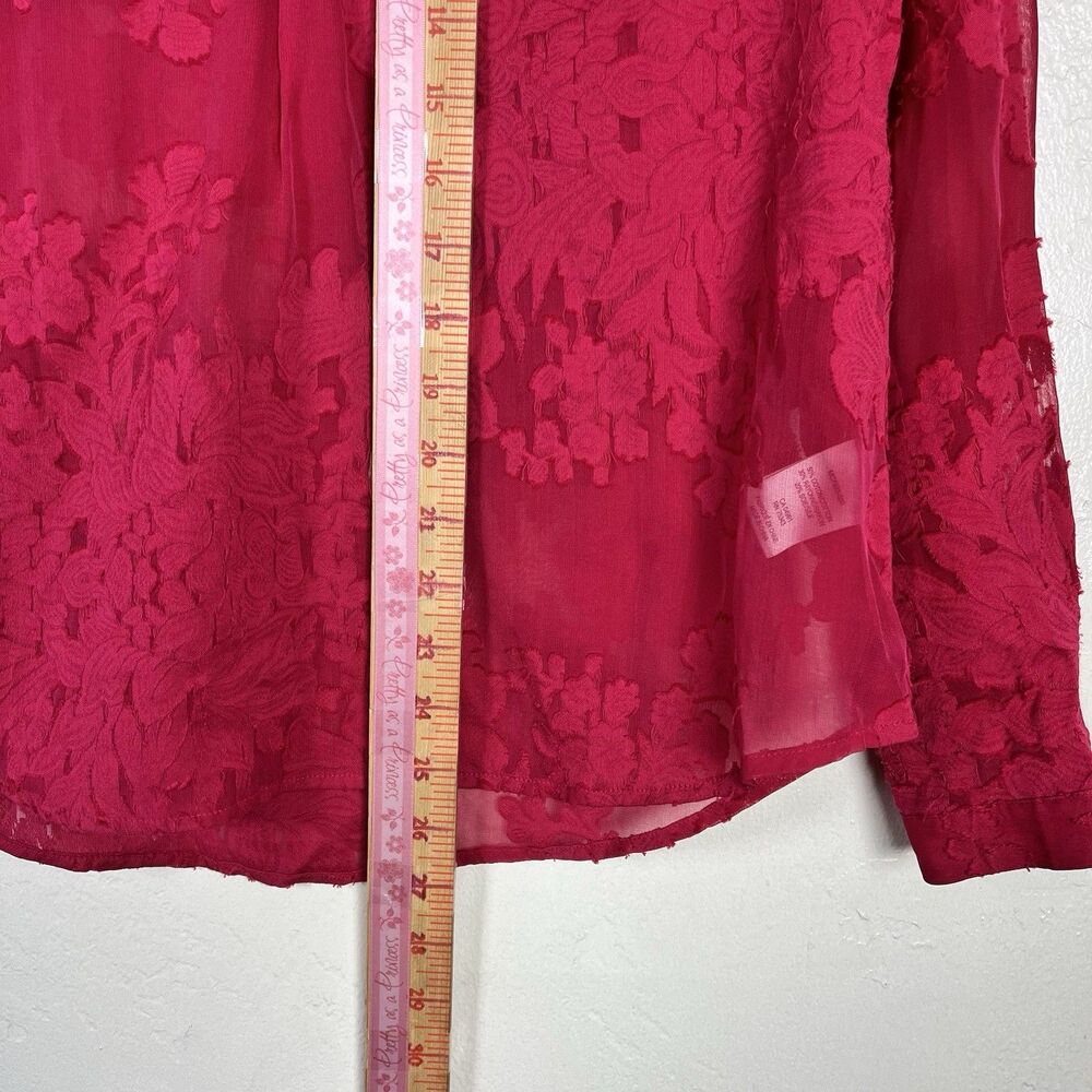 Cynthia Rowley Sheer Floral Burnout Blouse XS Berry Red Silk Blend Long Sleeve - Picture 9 of 13